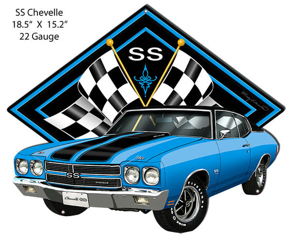SS Chevelle Blue Car Cut Out Metal Sign By Rudy Edwards 15.2x18.5