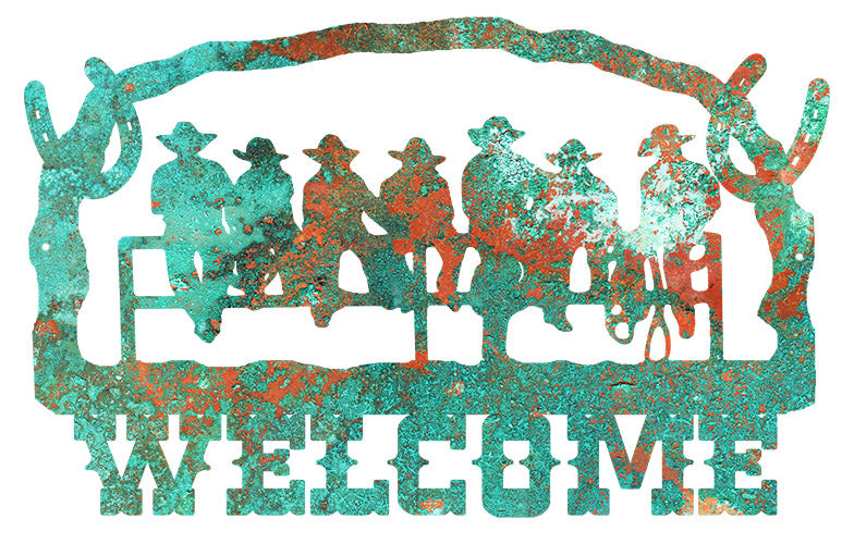 Welcome Cowboys Cut Out Faux Patina Country Metal Sign 14x22.2