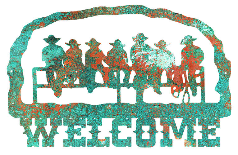 Welcome Cowboys Cut Out Faux Patina Country Metal Sign 14.7x22.7