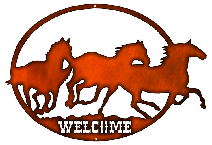 Welcome Horses Cut Out Faux Copper Finish Metal Sign 17x24