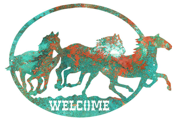 Welcome Horses Cut Out Faux Patina Wall Art Metal Sign 17x24