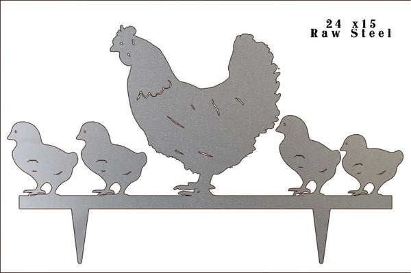Hen With Chickens Laser Cut Out Raw Steel Metal Sign 15x24