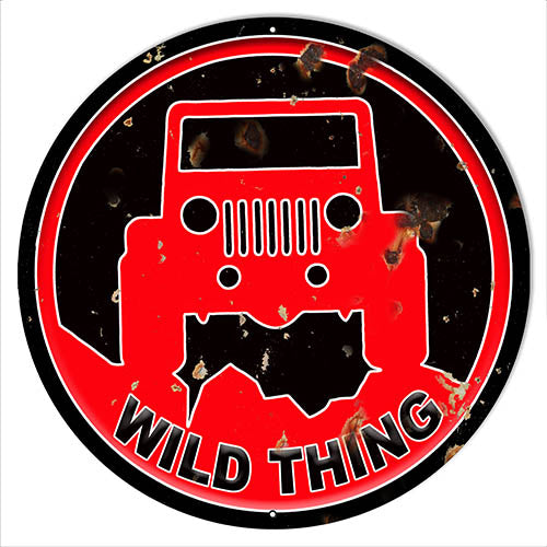 Jeep Wild Thing Red Cut Out Metal Sign 18x18 Round