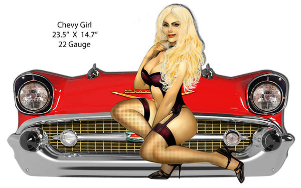 Chevy Front End Cut Out Pin Up Girl Garage Shop Metal Sign 14.7x23.5