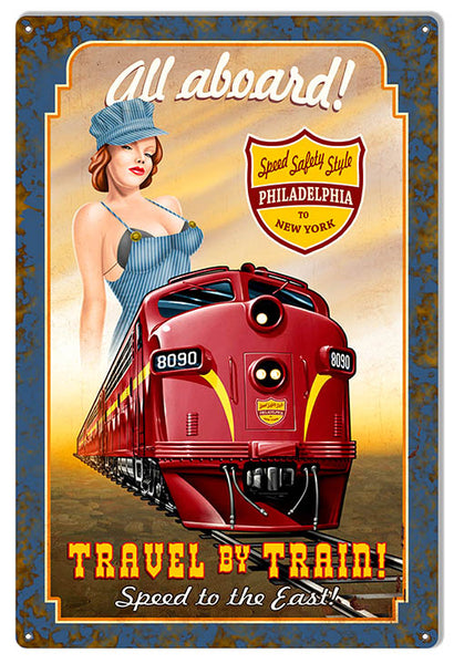 All Aboard Train Reproduction Pin Up Girl Railroad Metal Sign 12x18