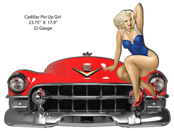 Cadillac Front End Cut Out Pin Up Girl Metal Sign 17.9x23.75