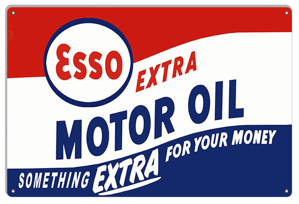 Blue  Red Large Esso Extra Gas And Motor Oil, Garage Art  Sign 16"x24"Repro