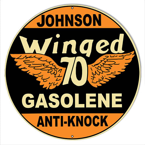 Johnson Winged 70 Gasolene Metal Sign