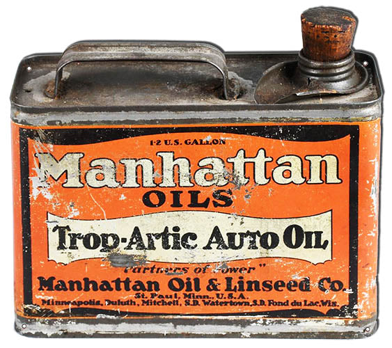 Manhattan Oils Trop-Artic Auto Oil Can Cut Out Metal Sign 17.5x15.6