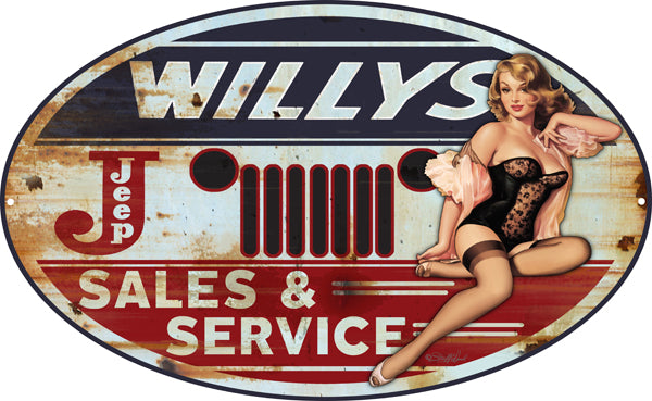 Jeep Willys Pin Up Girl Sign By Steve McDonald 11x18 Oval