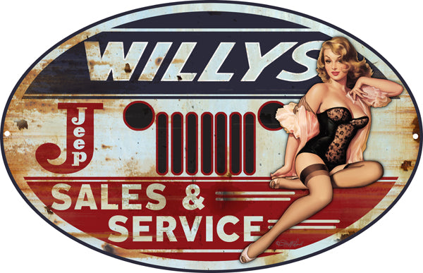 Jeep Willys Pin Up Girl Sign By Steve McDonald 15x24 Oval