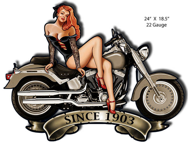 Pin Up Girl Motorcycle Cut Out Metal Sign By Steve McDonald 18.5x24