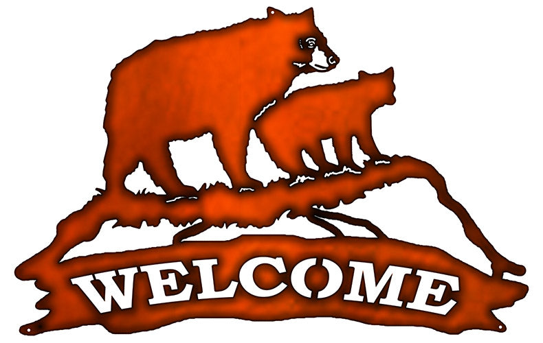 Welcome Bear Laser Cut Out Faux Copper Finish Metal Sign 15x23.5