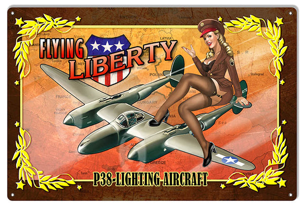 Airplane P38 Lightning Aircraft Pin Up Girl Aviation Metal Sign 12x18