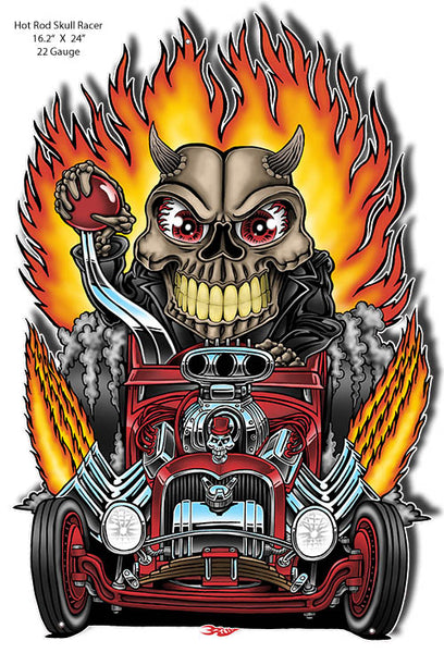 Hot Rod Skull Racer Cut Out Garage Art Sign By Britt Madding 16.2x24