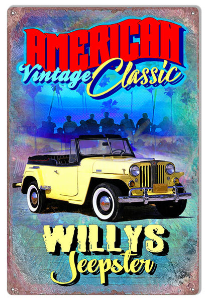 American Vintage Classic Willys Jeepster Metal Sign By Phil Hamilon 12x18