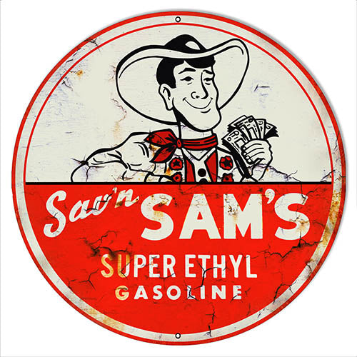 Sav’n Sam’s Gasoline Vintage Reproduction Metal Sign 14x14