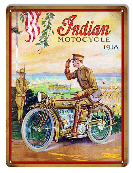 Indian Motorcycle With Soldier In 1918 Vintage Metal Sign 9x12