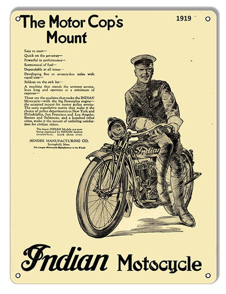 Indian Motorcycle Motor Cops Mount 1919 Metal Sign 9x12