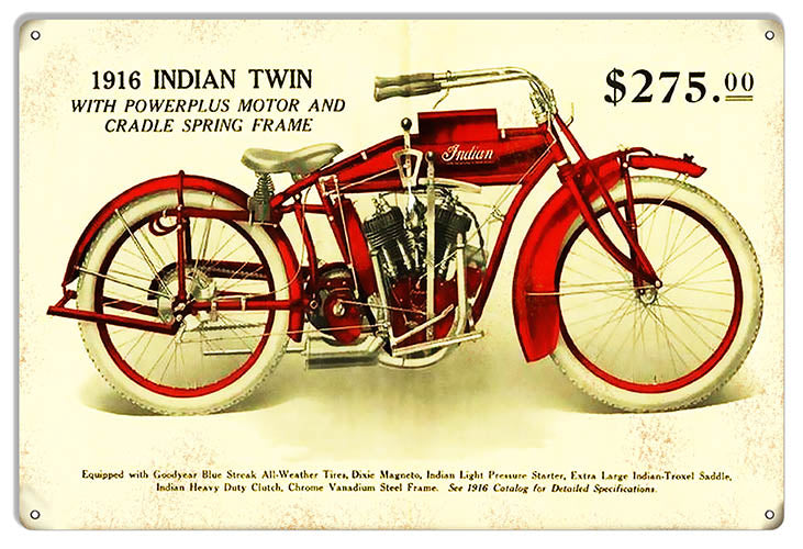 Indian Motorcycle 1916 Indain Twin Metal Sign 12x18