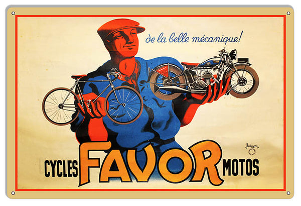 Cycles FAVOR Motos Reproduction Large Bicycle Metal Sign 16x24