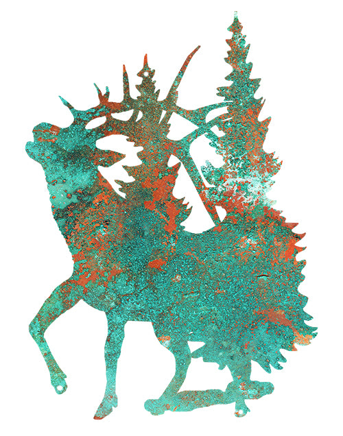 Deer In Trees Laser Cut Out Faux Patina Metal Sign 17.2x24