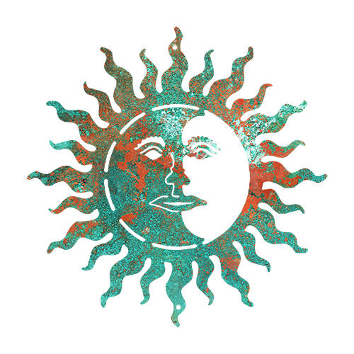 Sun With Face Laser Cut Out Faux Patina Metal Sign 18x18
