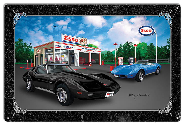 ESSO Corvette Black Sting Ray Car Metal Sign By Rudy Edwards 16x24