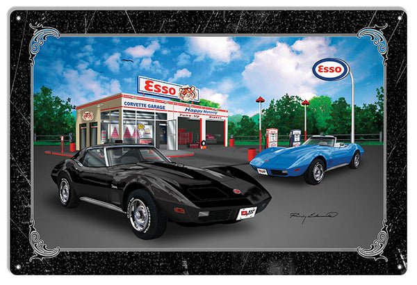 ESSO Corvette Black Sting Ray Car Metal Sign By Rudy Edwards 18x30